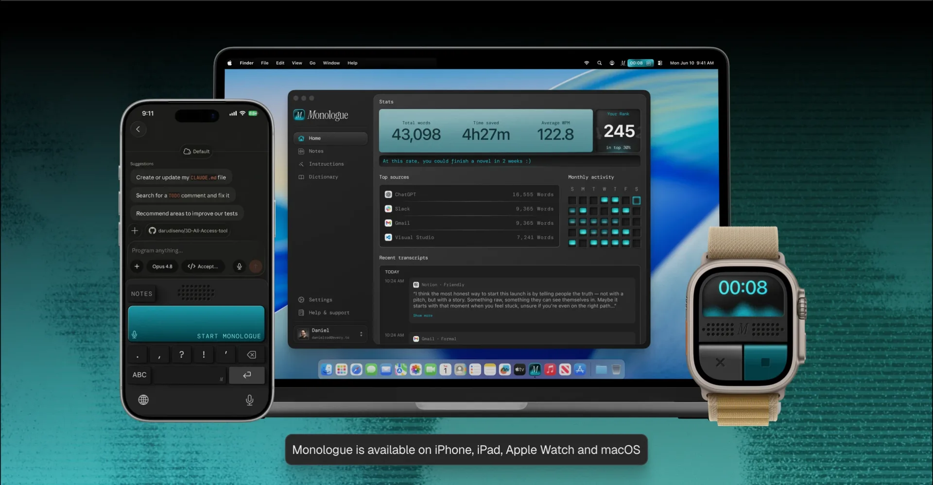 Monologue running on iPhone, Mac, and Apple Watch
