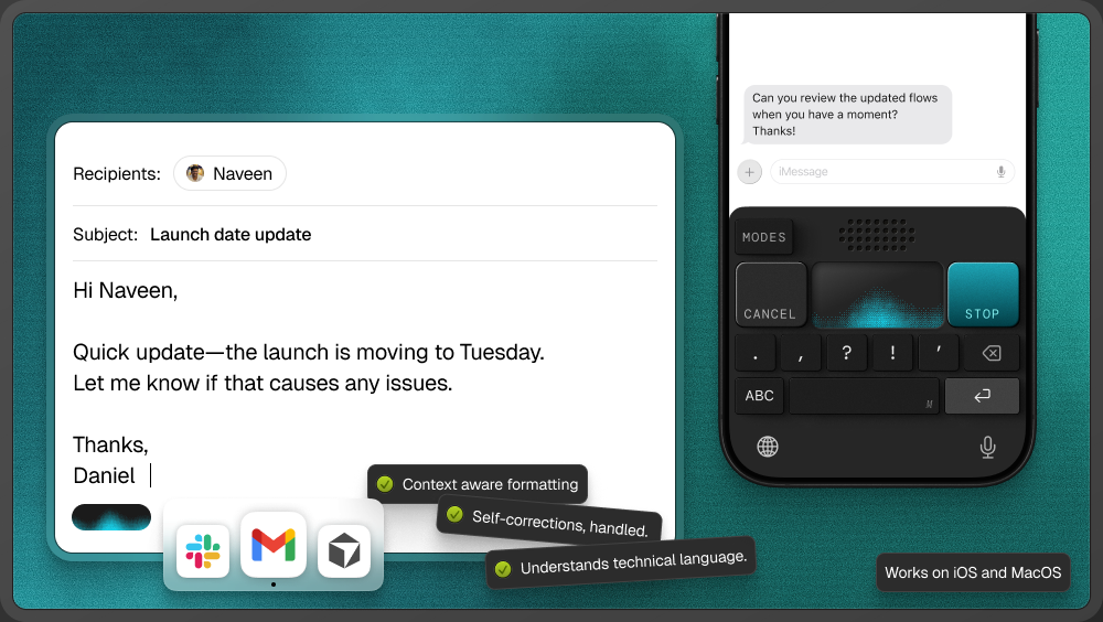 An email dictated with Monologue on Mac beside the Monologue keyboard on iPhone