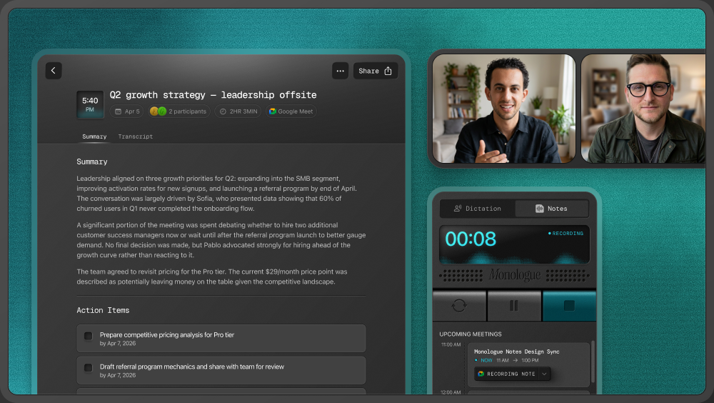 A recorded meeting in Monologue Notes with its summary and action items